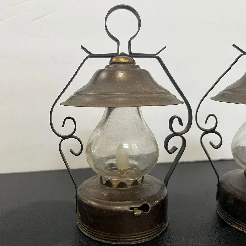 Vintage Set of 2 Miniature‎ Battery Operated Lanterns Made in Japan Bronze Metal